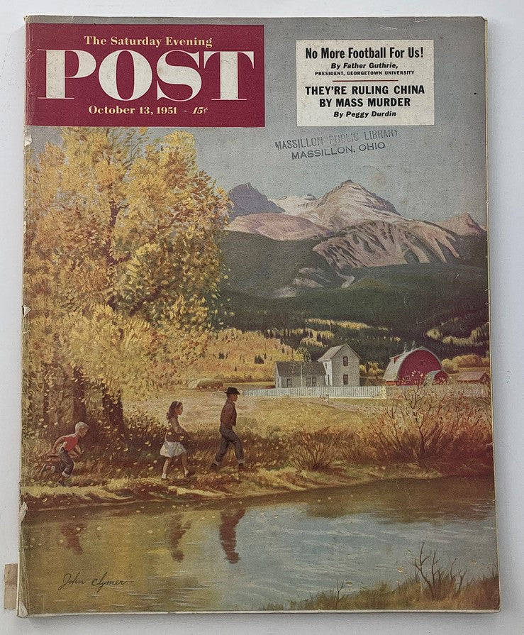 Cover of The Saturday Evening Post from October 13, 1951, featuring a scenic landscape illustration with children near a pond, and a cover story titled 'They're Ruling China by Mass Murder.'