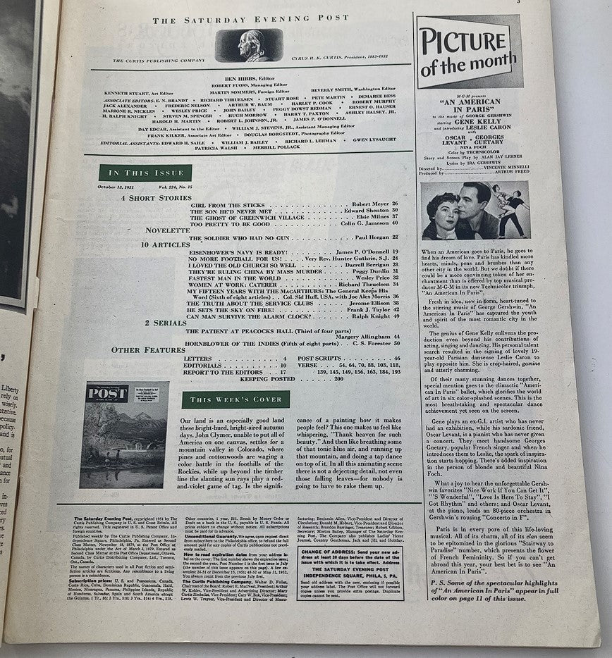 Inside page of The Saturday Evening Post, October 13, 1951, featuring articles and content listings, showcasing the historical publication.