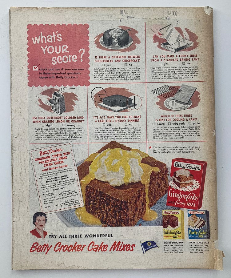 Back cover of The Saturday Evening Post, October 13, 1951, advertising Betty Crocker cake mixes with cooking tips and recipes.