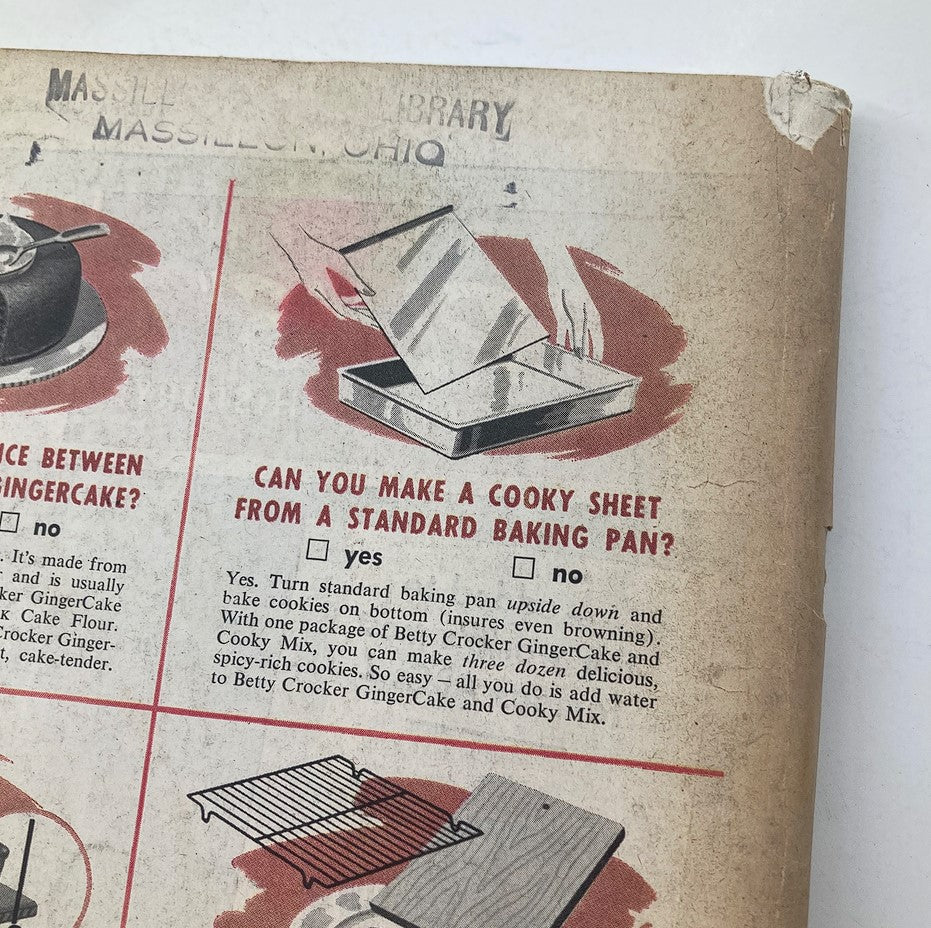 Detailed view of Betty Crocker cooking instructions from the back of The Saturday Evening Post, October 13, 1951, discussing cookie sheet usage and cake preparation.