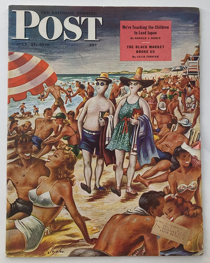 Cover image of The Saturday Evening Post from July 27, 1946, featuring a vibrant beach scene with people enjoying summer, highlighted by the article 'The Black Market Broke Us' by Celia F.
