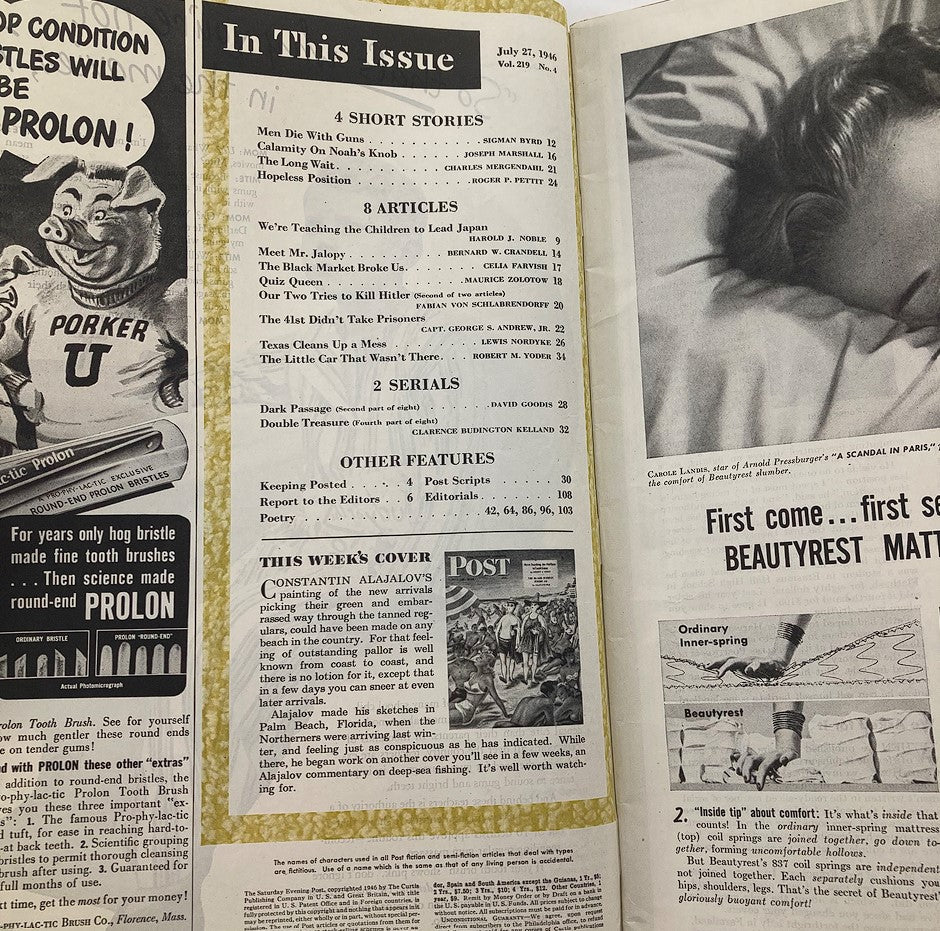 Interior page of The Saturday Evening Post from July 27, 1946, displaying the contents of the issue including the article 'The Black Market Broke Us' by Celia F.