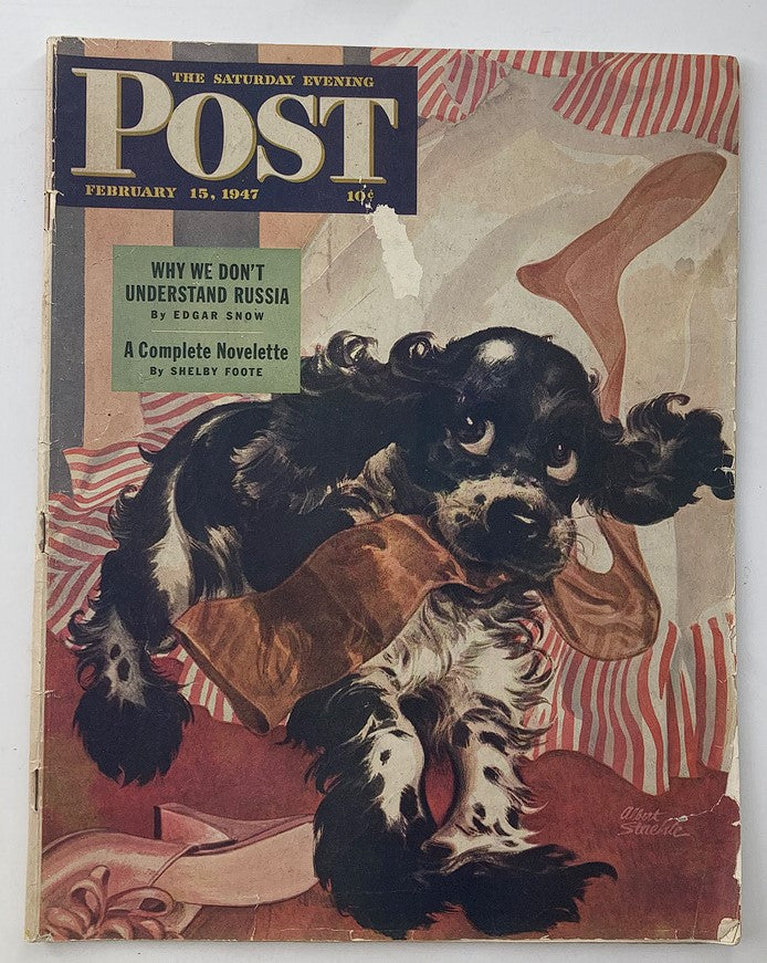 Cover of The Saturday Evening Post February 15, 1947, featuring a vintage illustration of a dog with the headline 'Why We Don't Understand Russia' by Edgar Snow.