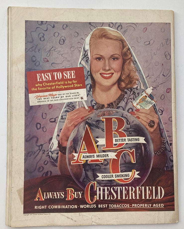 Cover page of The Saturday Evening Post dated February 15, 1947, featuring a striking advertisement for Chesterfield cigarettes, showcasing mid-20th century marketing and cultural themes.