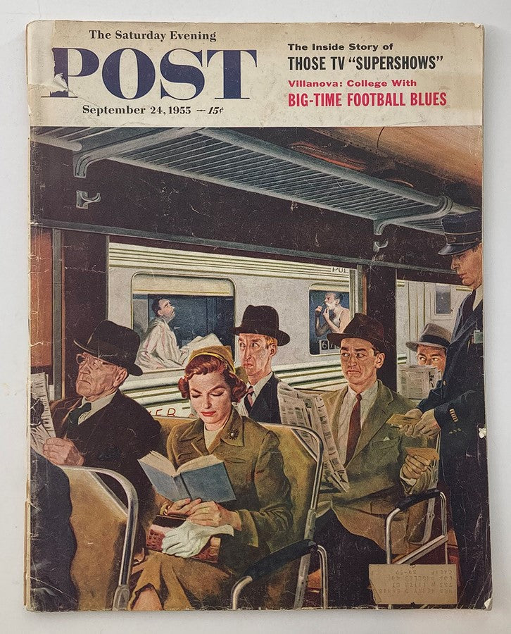 Cover of The Saturday Evening Post from September 24, 1955, featuring the title "College with Big-Time Football Blues," depicting passengers in a train setting.