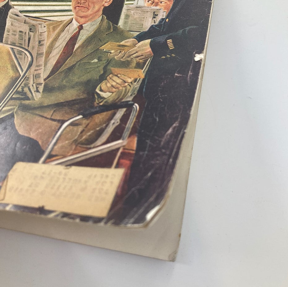 Detail of the spine area of The Saturday Evening Post from September 24, 1955, illustrating its vintage character with the title "College with Big-Time Football Blues."