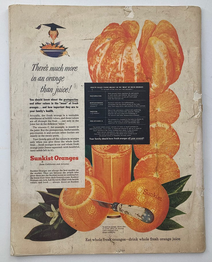 Back cover of The Saturday Evening Post September 24 1955 featuring advertisement for Sunkist Oranges with vibrant orange imagery and text about the health benefits of fresh oranges.