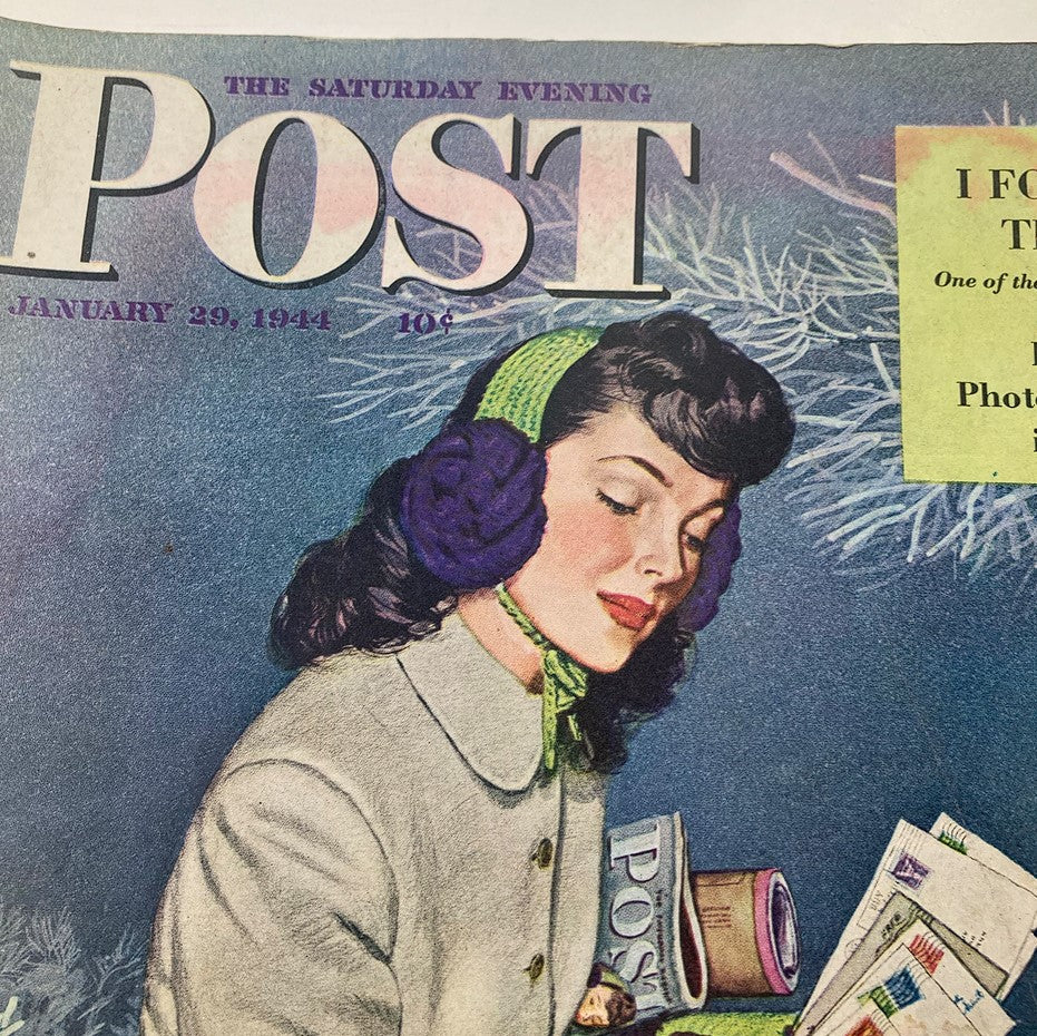 Close-up of the title section from The Saturday Evening Post January 29, 1944, displaying the magazine's name and date along with a highlighted note about Ivan Dmitri's war photography.