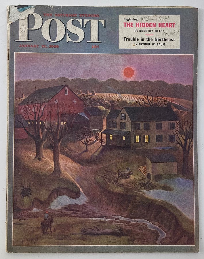 Cover of The Saturday Evening Post January 12, 1946 featuring vibrant artwork with a rural scene at sunset, promoting the story 'The Hidden Heart' by Dorothy Black.