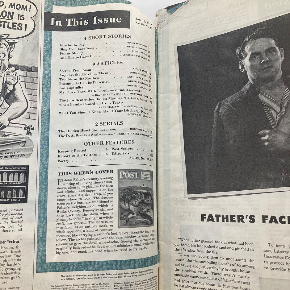 Inside page of The Saturday Evening Post January 12, 1946 showcasing a table of contents, detailing articles and stories featured in the issue including 'The Hidden Heart'.