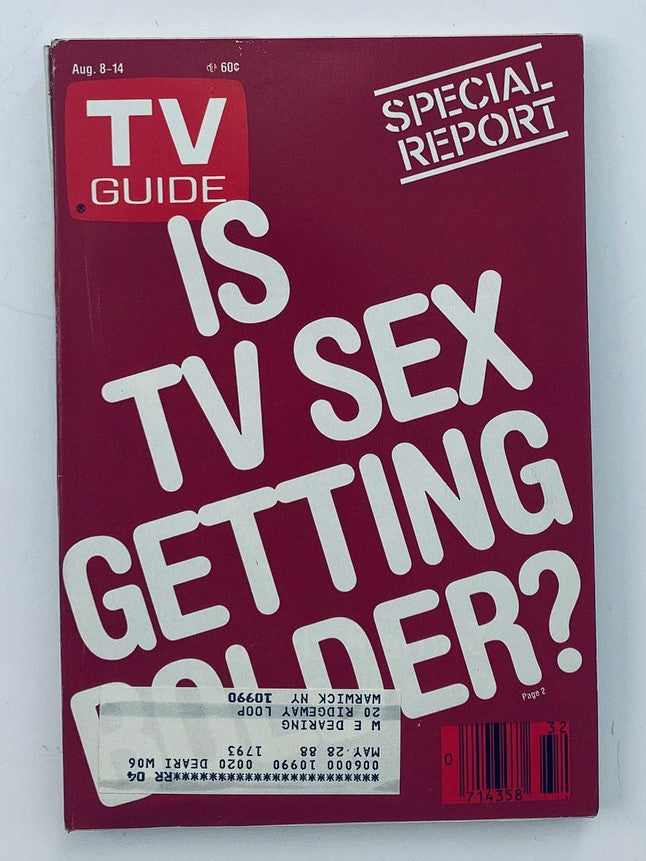 Cover of TV Guide Magazine dated August 8, 1987, featuring the headline 'Is TV Sex Getting Older?'. The red background and bold white text highlight the magazine's special report on evolving themes in television. A vintage piece showcasing 1980s media culture.