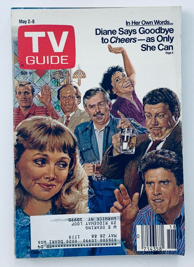 Vintage cover of TV Guide Magazine from May 2, 1987, featuring Ted Danson and Woody Harrelson, iconic stars from Cheers, depicting a nostalgic scene with a group of characters in a bar setting.