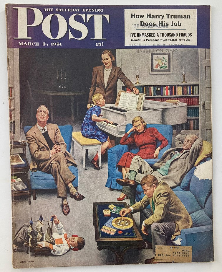The Saturday Evening Post March 3 1951 vintage magazine cover featuring a family scene with individuals engaged in various activities, showcasing the headline 'I've Unmasked A Thousand Frauds'.