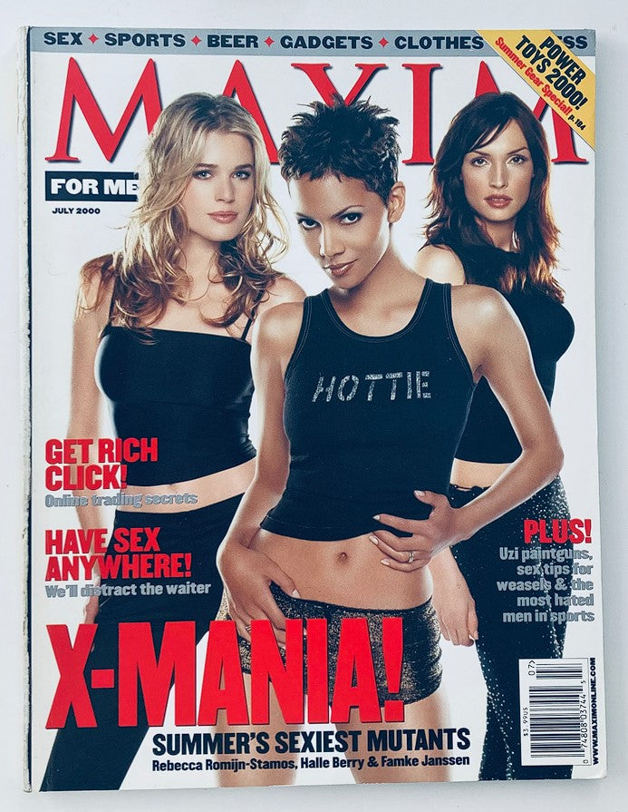 Cover of Maxim for Men Magazine, July 2000 featuring Halle Berry, Rebecca Romijn-Stamos, and Famke Janssen, showcasing the era's pop culture icons.