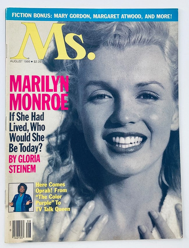 Cover of Ms. Magazine August 1986 featuring Marilyn Monroe with a big smile and the headline 'If She Had Lived, Who Would She Be Today?' by Gloria Steinem, along with a mention of Oprah Winfrey.