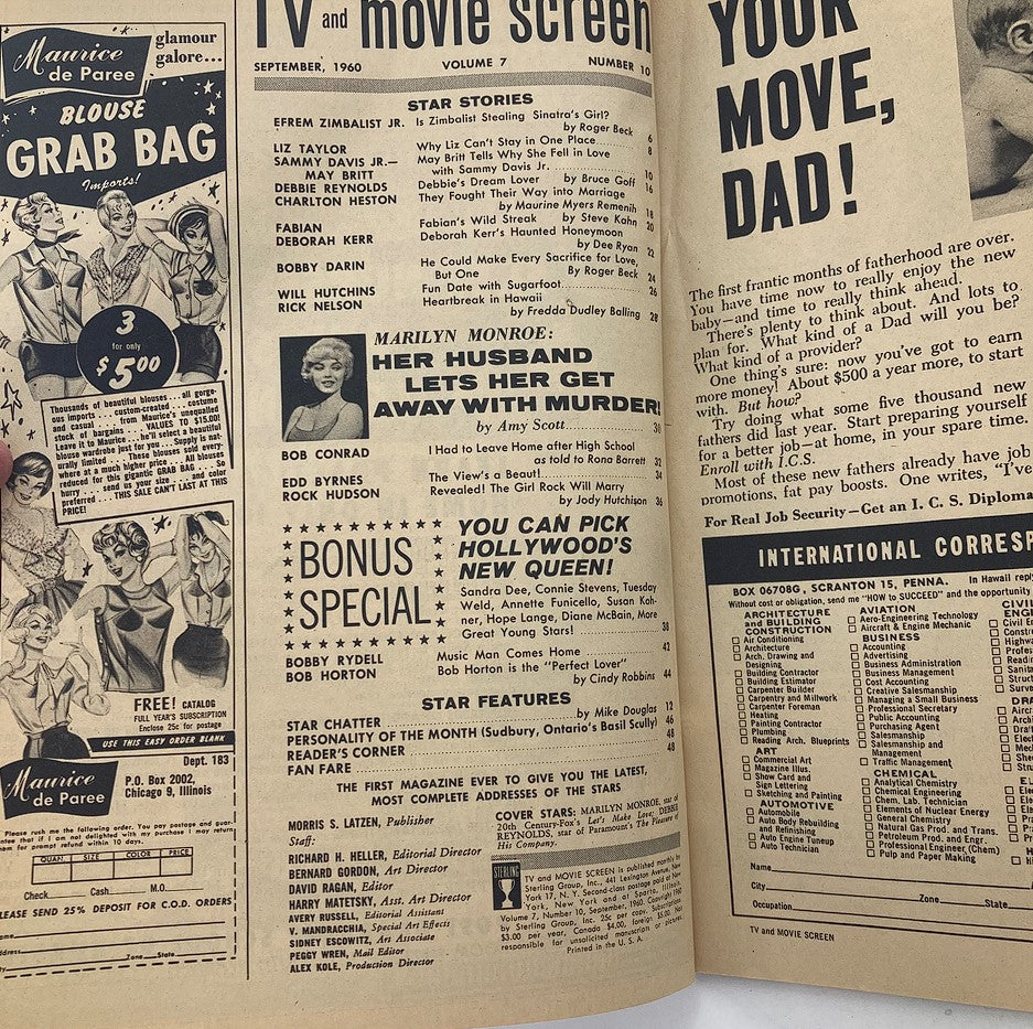 Inside page of the TV & Movie Screen Magazine from September 1960 featuring articles about Hollywood stars including Marilyn Monroe. The page highlights stories and features of popular celebrities of that era, capturing the essence of 1960s cinema.