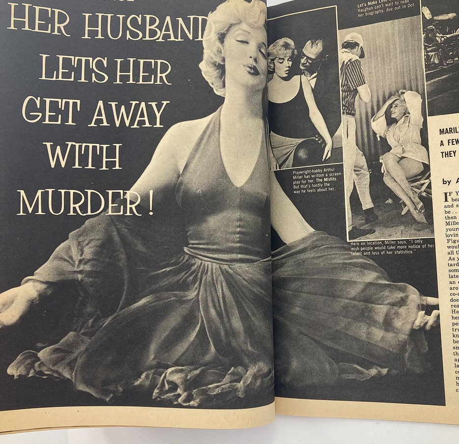 Close-up of a featured article in the September 1960 TV & Movie Screen Magazine, showcasing Marilyn Monroe with the bold headline 'HER HUSBAND LETS HER GET AWAY WITH MURDER!' The image reflects the glamour and intrigue of Hollywood during the golden age.