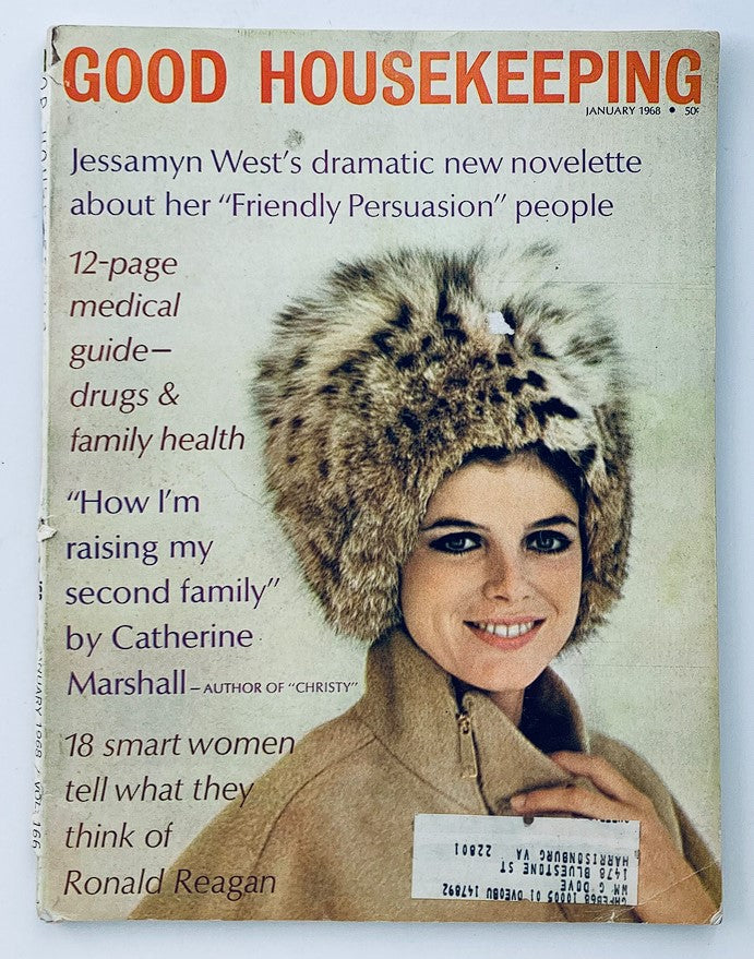 Cover of Good Housekeeping Magazine January 1968 featuring Jessamyn West's novelette and Catherine Marshall's article, showcasing a woman wearing a stylish fur hat.