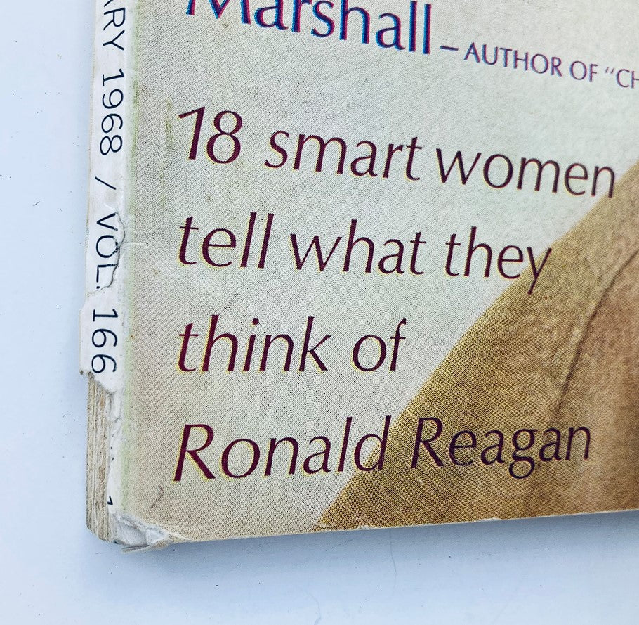 Close-up of the spine of Good Housekeeping Magazine January 1968, displaying publication details and an excerpt about women sharing their opinions on Ronald Reagan.
