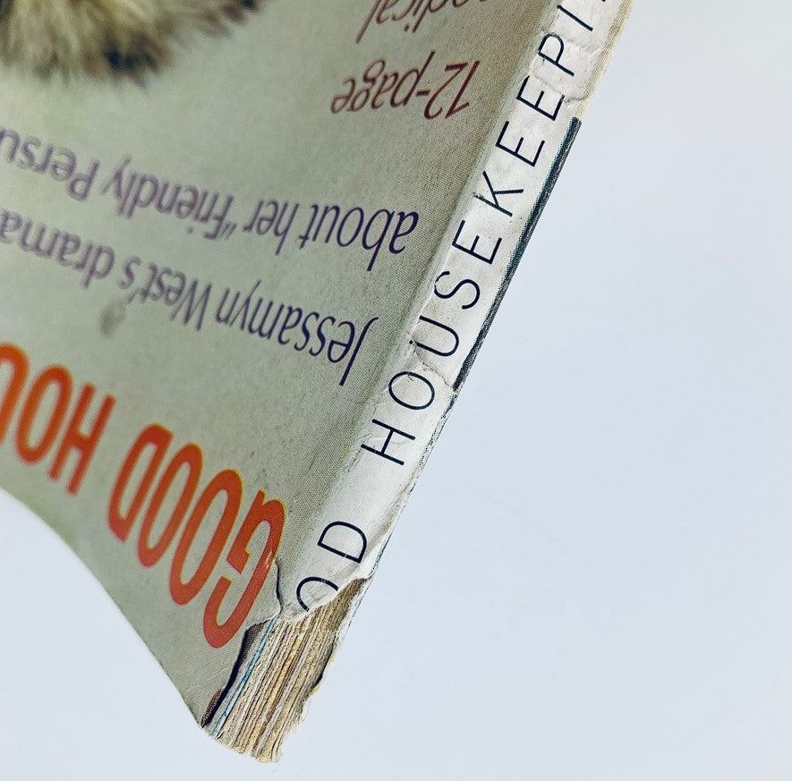 Detailed view of the edge of Good Housekeeping Magazine January 1968, showing the distinctive title and promoting Jessamyn West's contributions.