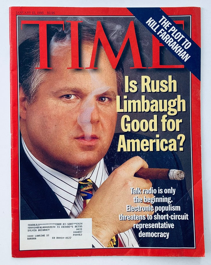 Time Magazine January 23, 1995, featuring the cover question 'Is Rush Limbaugh Good for America?' with an image of Rush Limbaugh, a prominent political commentator, holding a cigar, discussing the impact of talk radio and electronic populism.
