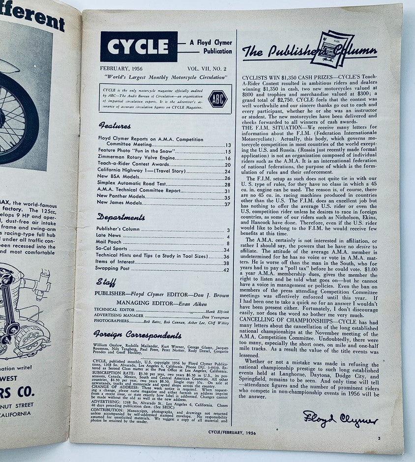 Inside page of VTG Cycle Magazine February 1956 Vol 7 #2 listing features, articles, and editor's note.
