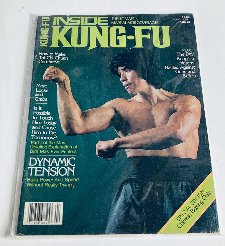 Front cover of VTG Inside Kung-Fu Magazine April 1981, showcasing a muscular martial artist in a Tai Chi Chuan stance, highlighting the magazine's focus on combative techniques and dynamic tension.