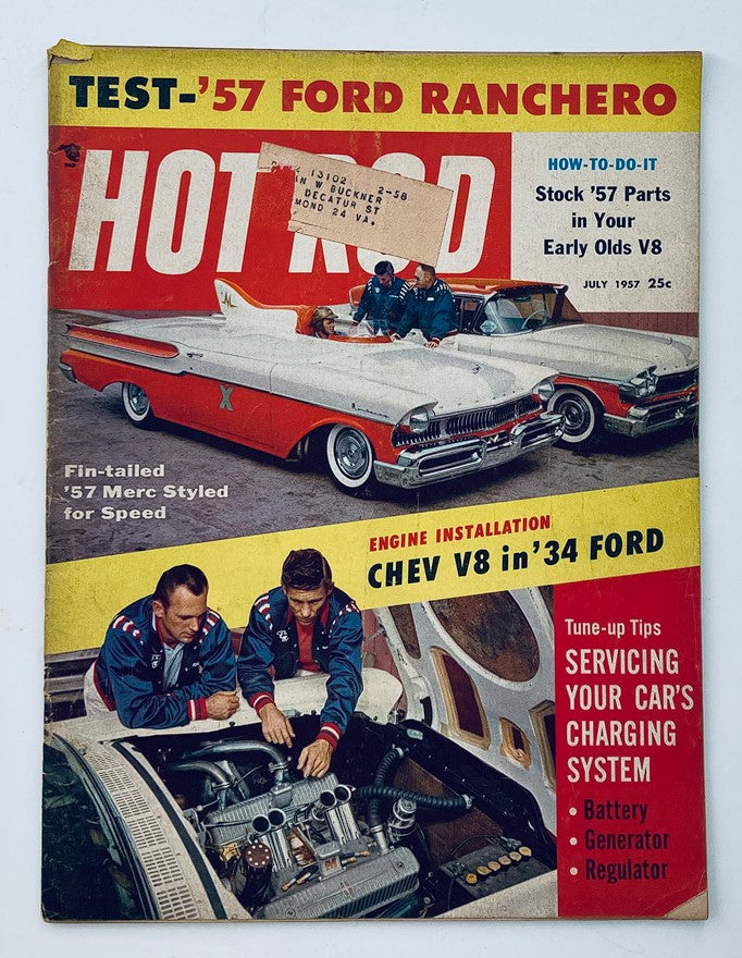 VTG Hot Rod Magazine July 1957 featuring the iconic fin-tailed '57 Mercury cover with vintage cars and automotive culture imagery.