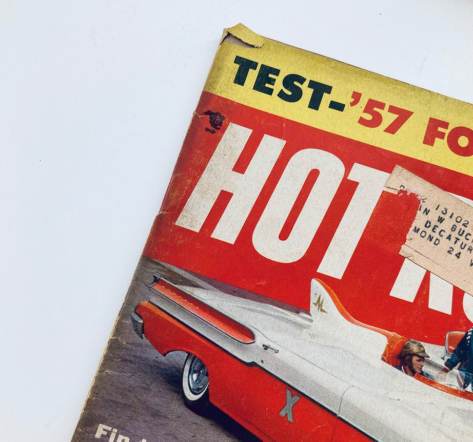 Close-up view of the cover of VTG Hot Rod Magazine July 1957 showcasing the fin-tailed '57 Mercury and vintage graphics.