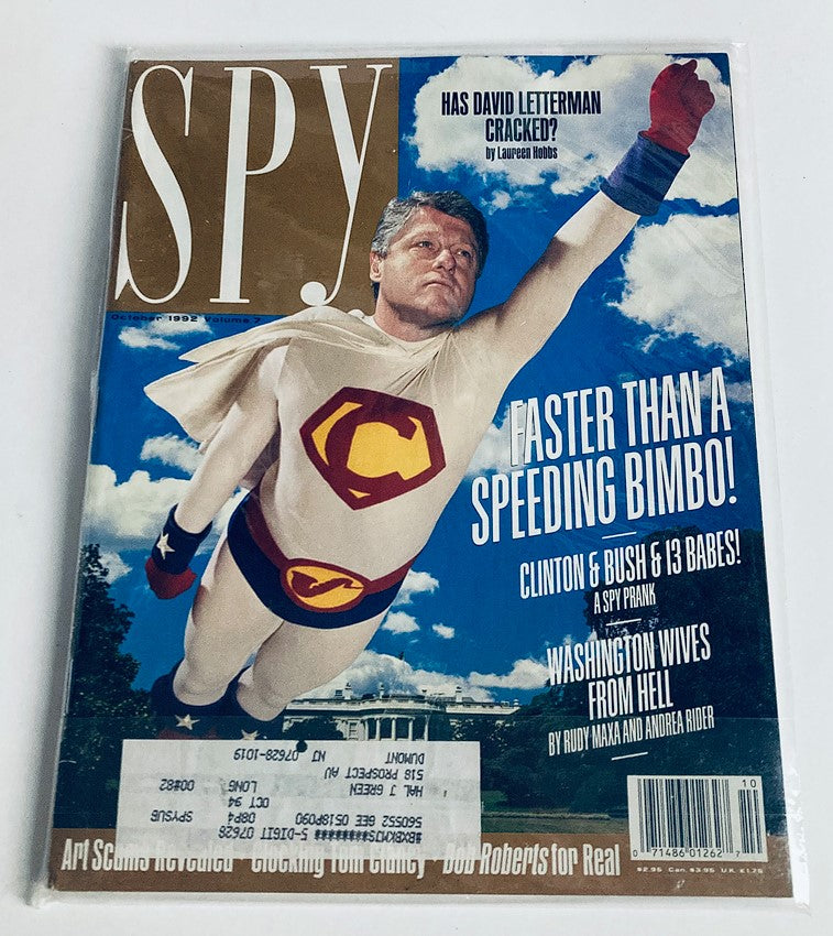 Spy Magazine October 1992 cover with Bill Clinton in a superhero costume, emphasizing satire on political figures and the tagline 'Faster Than a Speeding Bimbo!' and mentioning George Bush.