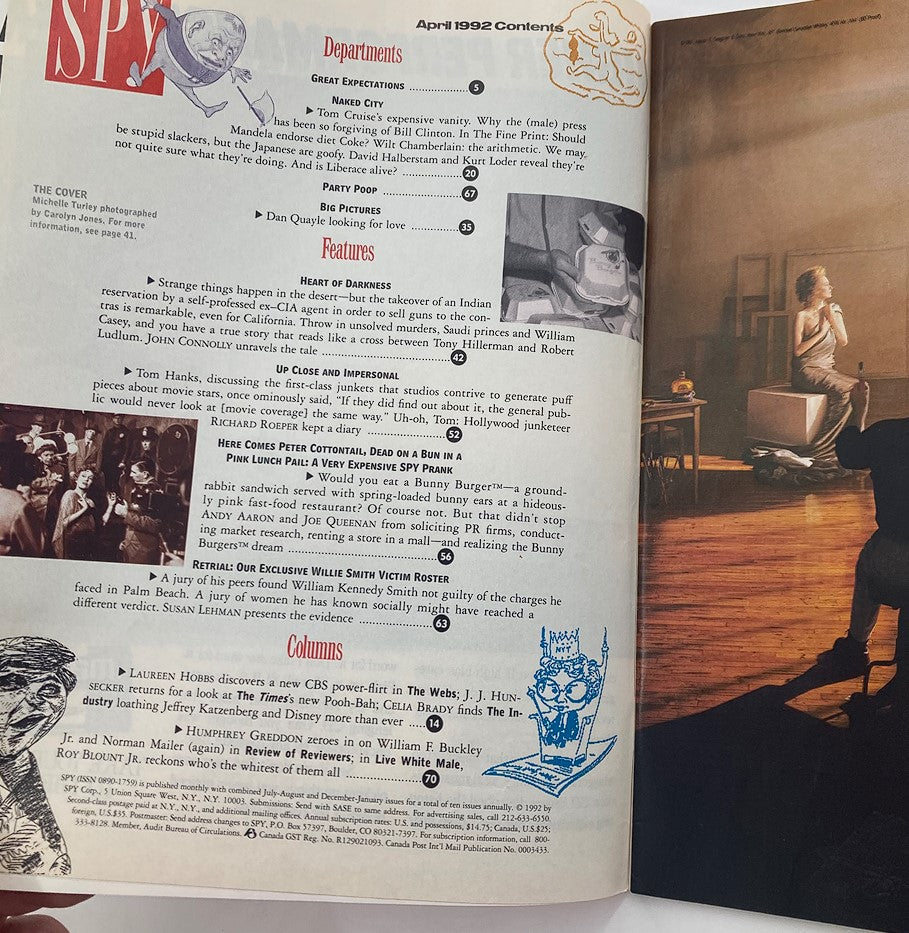 Contents page of Spy Magazine, April 1992, highlighting features and departments with details including a cover story featuring Michelle Turley, engaging humor and commentary from the era.