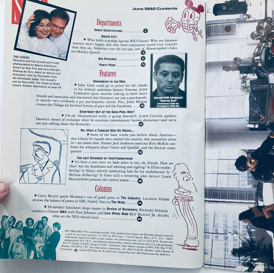 Contents page of Spy Magazine June 1992 featuring Roseanne Barr, Tom Arnold, and Salvatore Gravano, highlighting articles and columns related to celebrity culture and political commentary.