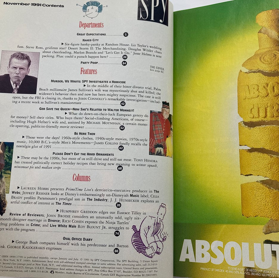 Content page of Spy Magazine November 1991 detailing articles including 'Murder, We Wrote: SPY investigates a Homicide' and 'God Save the Queen—Now She's Related to Walter Monheit!'
