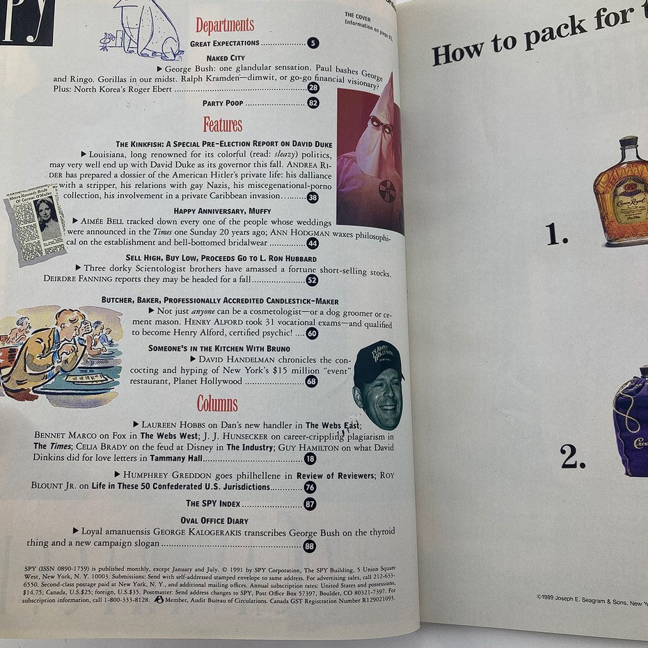 Interior page from Spy Magazine September 1991 displaying article titles and sections, contributing to the vintage aesthetic and culture of early 90s celebrity satire.