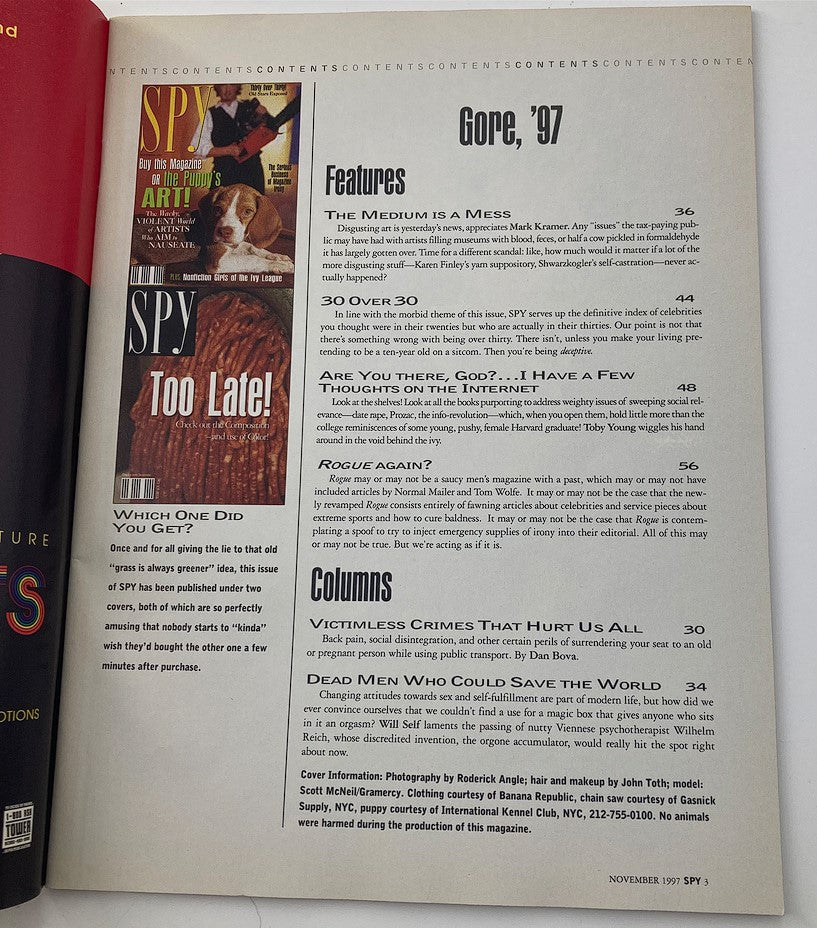 Interior page of Spy Magazine November 1997 featuring table of contents with articles like 'The Medium is a Mess' and 'Victimless Crimes That Hurt Us All'.