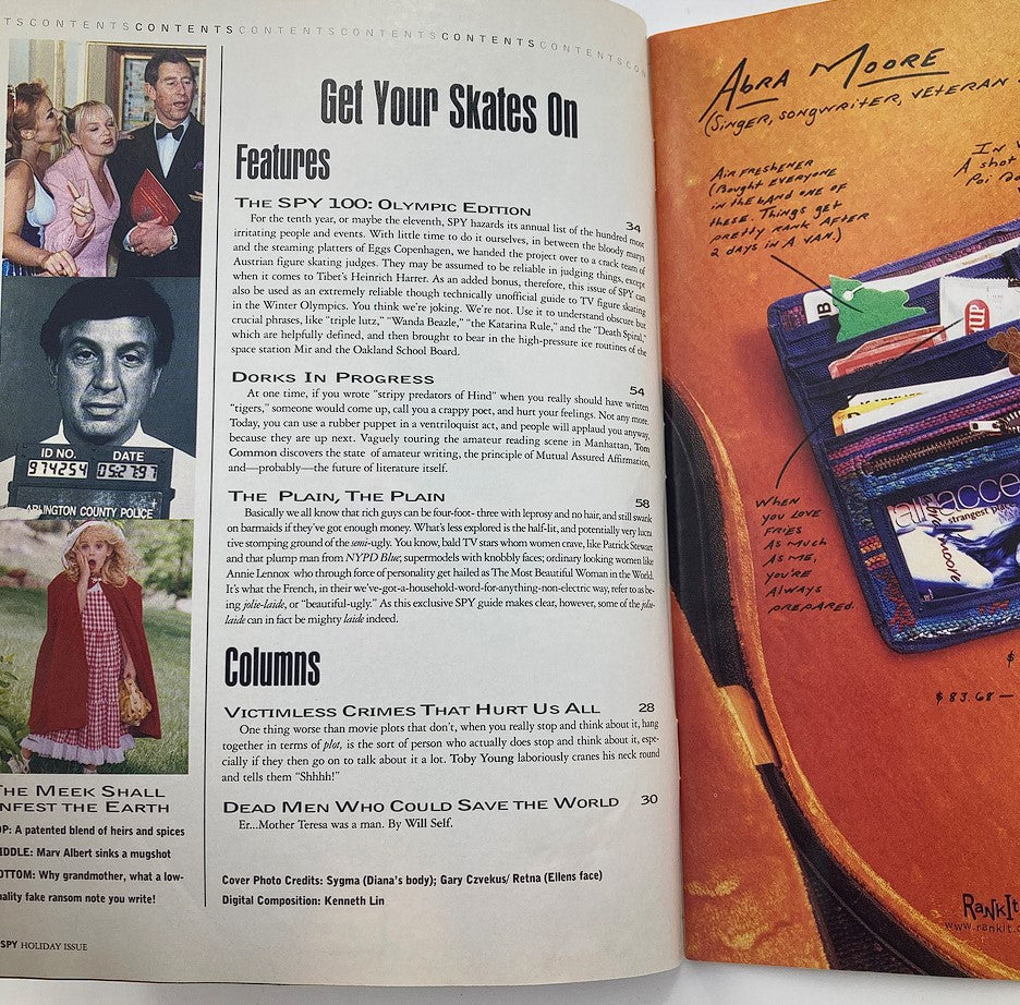 Inside spread of Spy Magazine December 1997 showcasing featured articles including 'Get Your Skates On' and a collection of columns, reflecting the magazine's sharp wit on pop culture.