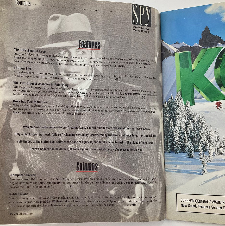 Inside content page of Spy Magazine March 1997, showing various features and columns, indicative of the magazine's unique perspective on 90s pop culture and entertainment, under the title 'Drew Barrymore Makes Cupid Look Stupid.'