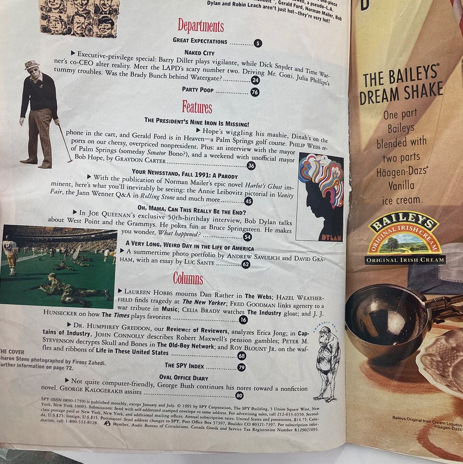 Double-page spread from Spy Magazine August 1991 featuring table of contents and articles related to popular culture and celebrity commentary.
