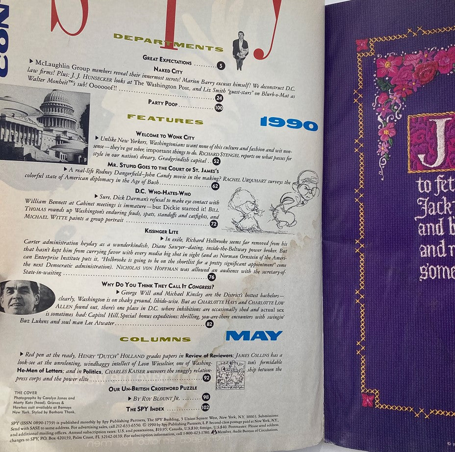 Editorial section of Spy Magazine May 1990, displaying content highlights and discussions on political figures.