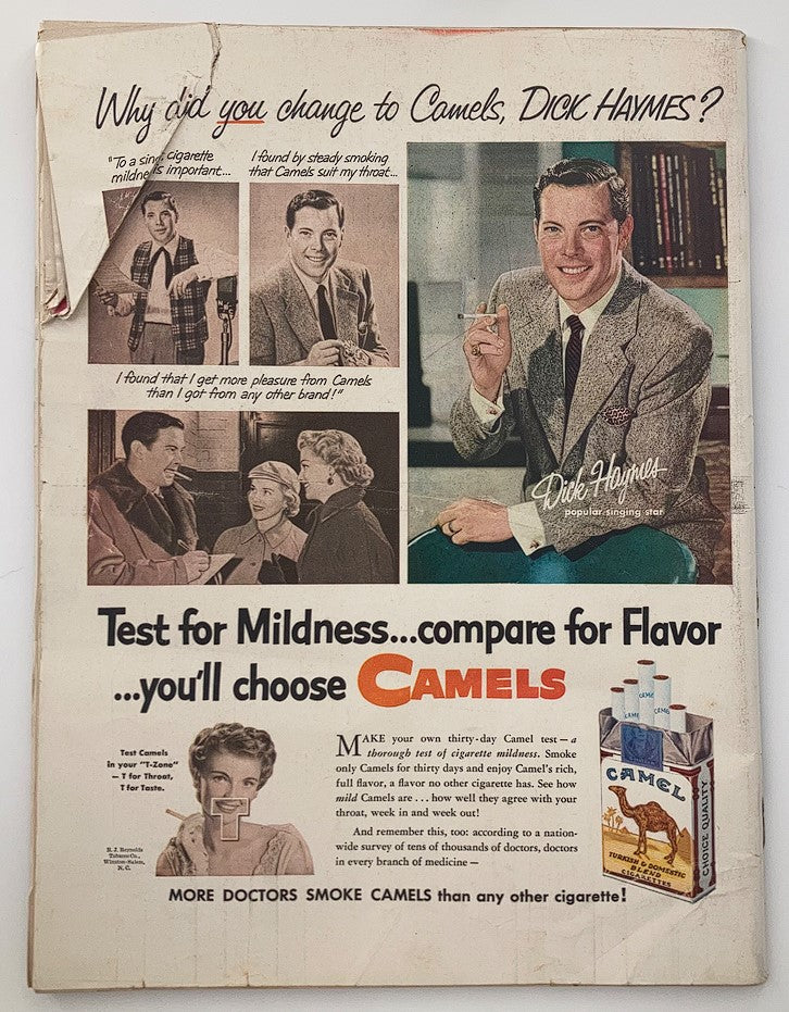 Back cover of VTG Life Magazine April 7 1952 showcasing an advertisement for Camels cigarettes featuring Dick Haymes.