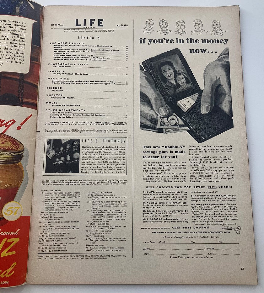 Contents page of VTG Life Magazine May 31 1943, Vol 14 #22, showcasing articles and advertisements from the era.