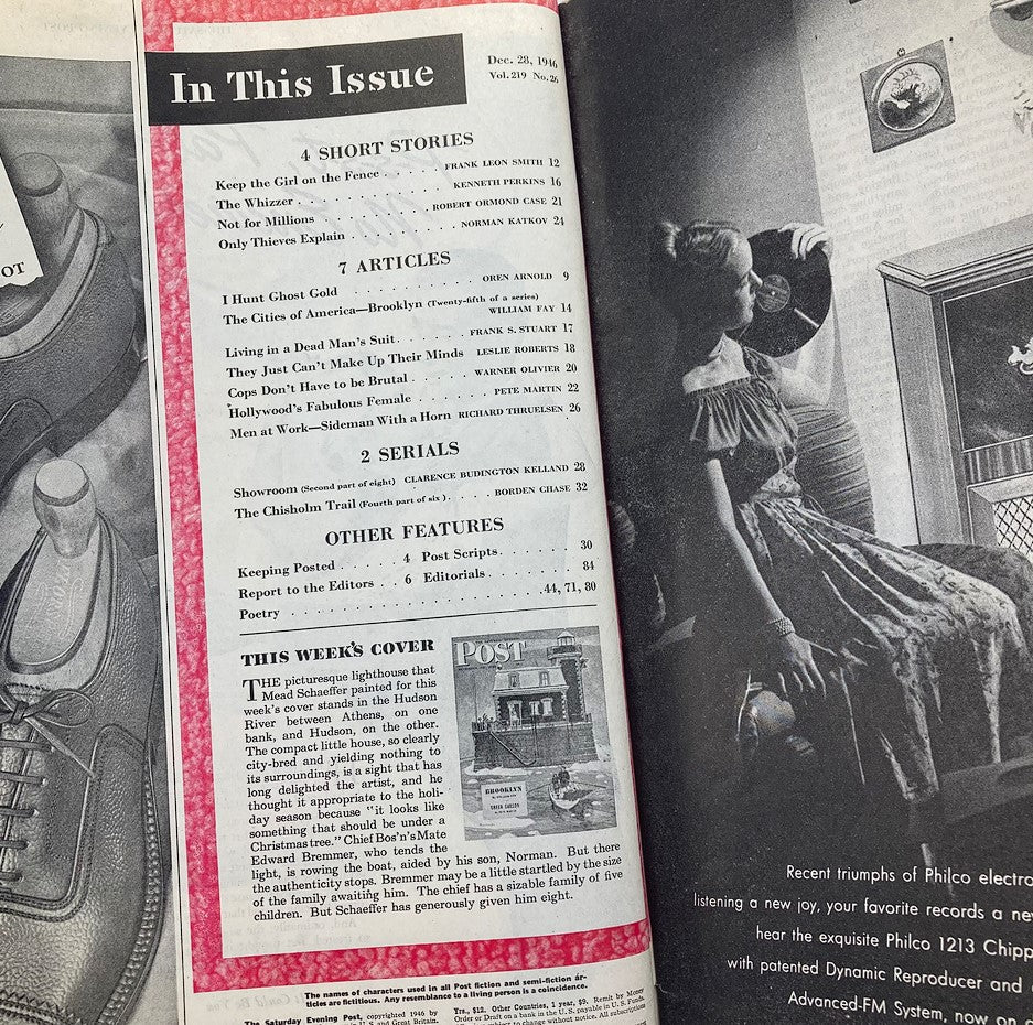 Inside spread from The Saturday Evening Post December 28, 1946 detailing the articles and stories included in the issue, highlighting its literary content and historical significance.