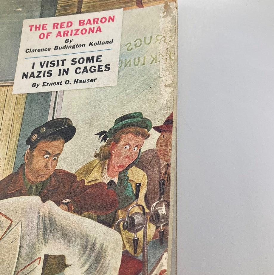 Close-up view of The Saturday Evening Post October 11 1947 cover segment showcasing the article 'I Visit Some Nazis in Cages' with expressive character illustrations.