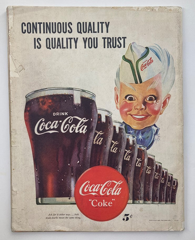 Cover of The Saturday Evening Post from October 11, 1947, featuring an illustration promoting Coca-Cola with glasses of soda and a cheerful character. Title: "The Saturday Evening Post October 11 1947 I Visit Some Nazis in Cages."