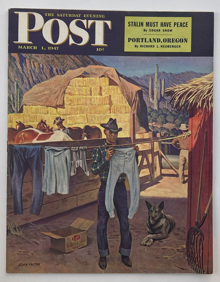 The Saturday Evening Post March 1 1947 cover, featuring a cowboy hanging laundry in a barn setting, with a dog lying nearby, illustrating the editorial 'Stalin Must Have Peace'.