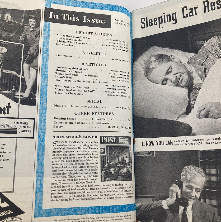 Interior page of The Saturday Evening Post April 27, 1946, showcasing the contents including short stories and articles from the issue, alongside a feature about the week's cover illustration by Stevan Dohanos regarding the New York Weather Bureau.