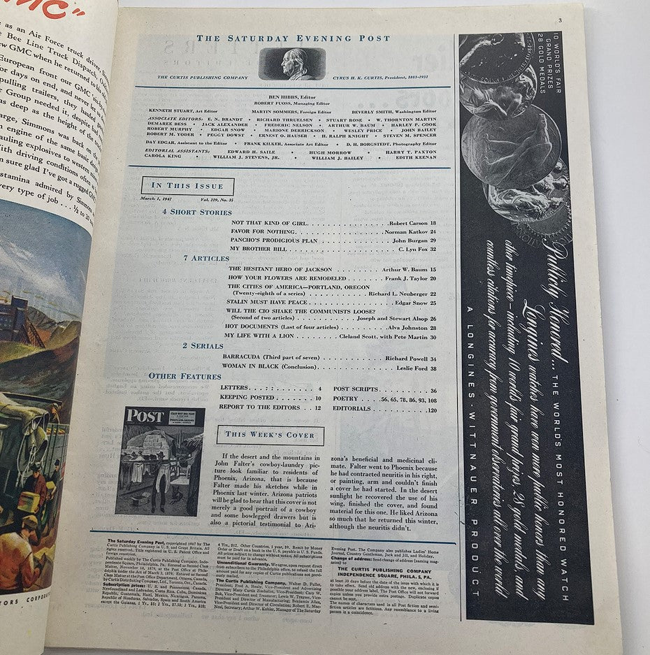Page from The Saturday Evening Post dated March 1, 1947, featuring articles and editorial content, including a title 'Stalin Must Have Peace'.