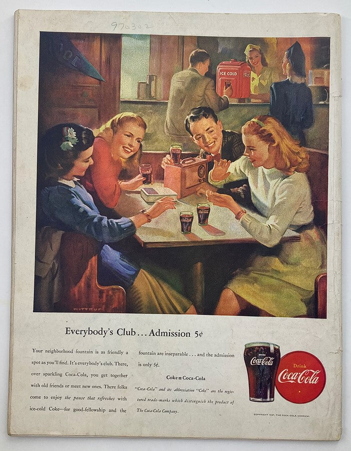 The Saturday Evening Post February 1, 1947 back cover advertisement for Coca-Cola, illustrating a social gathering at a diner, reflecting the nostalgic American lifestyle of the late 1940s.