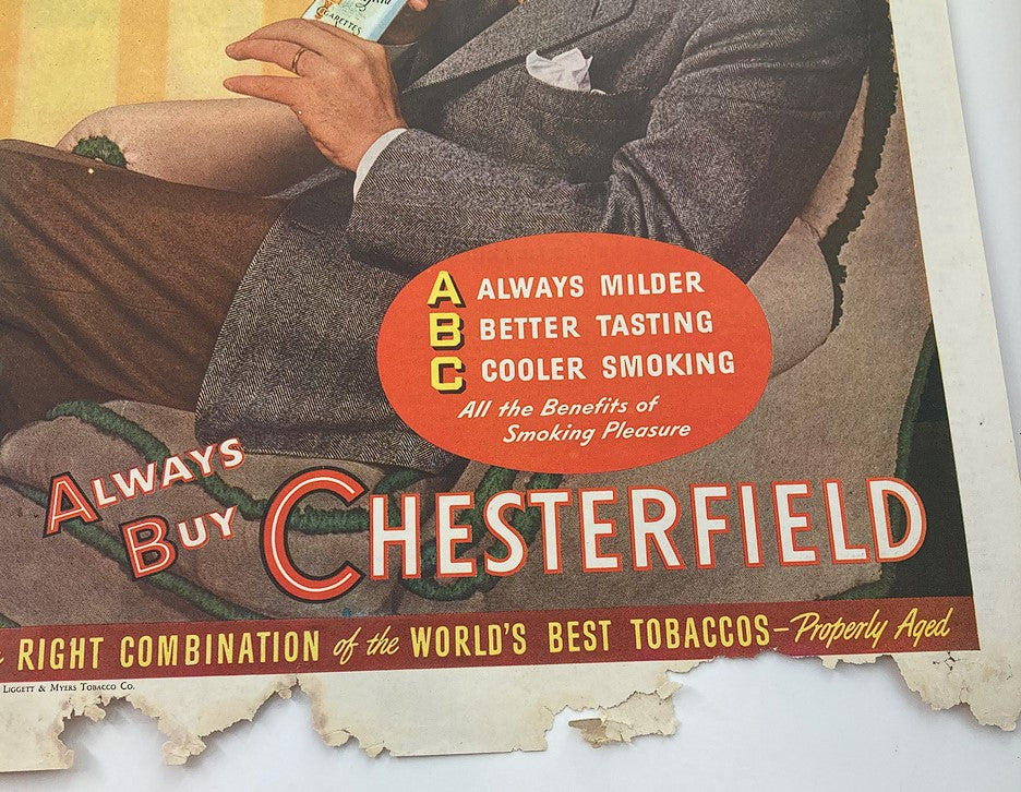 Vintage advertisement from The Saturday Evening Post April 27, 1946 featuring a man promoting Chesterfield cigarettes with the tagline 'Always Buy Chesterfield', emphasizing its qualities of being milder, better tasting, and cooler smoking.