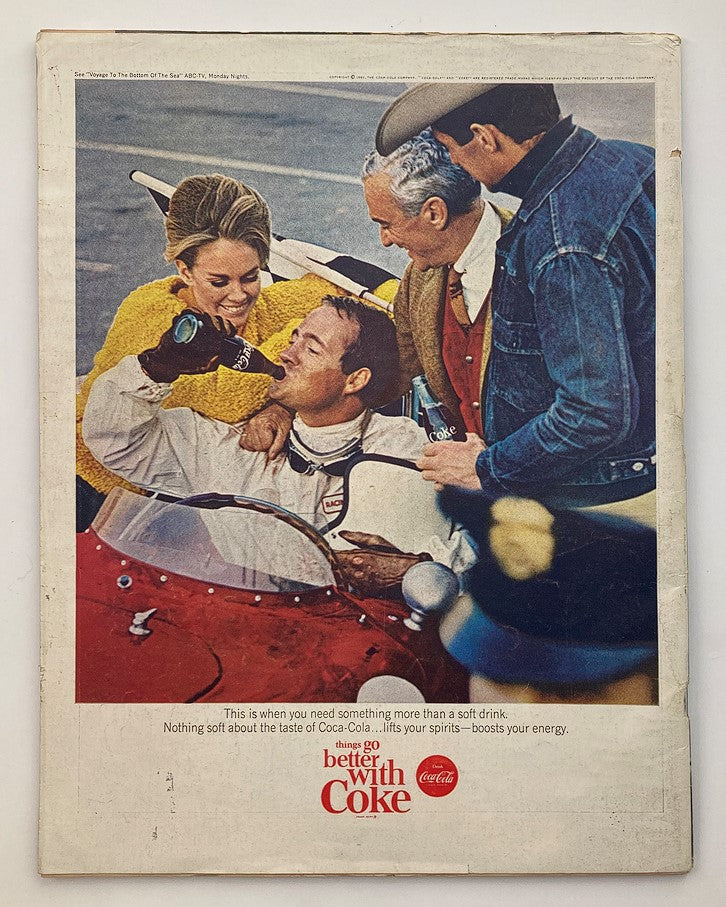 Back cover of VTG Life Magazine May 7, 1965, Vol 58 #18 showing an advertisement for Coca-Cola featuring a group celebrating after a race.